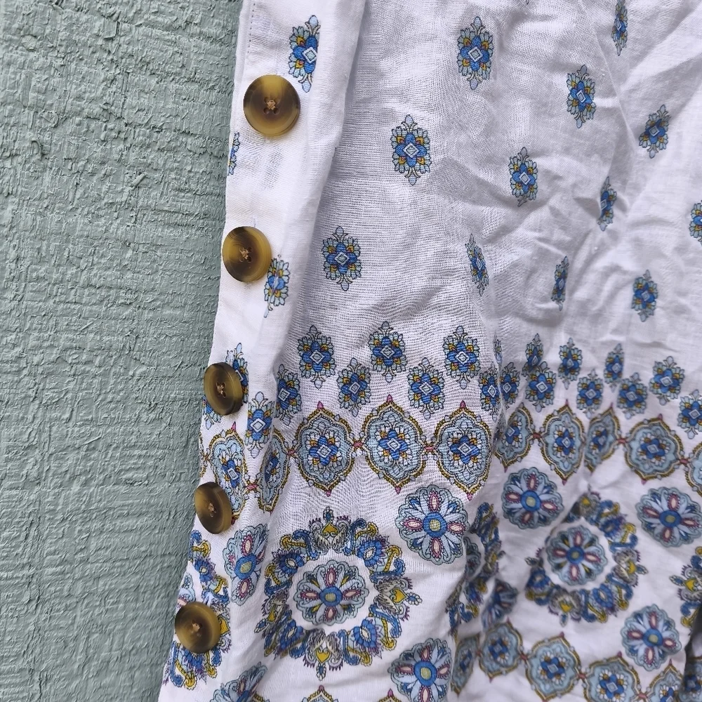 J Jill Love Linen Floral Boho Button Down Sides Tunic sz M Ivory Blue Beach Boh